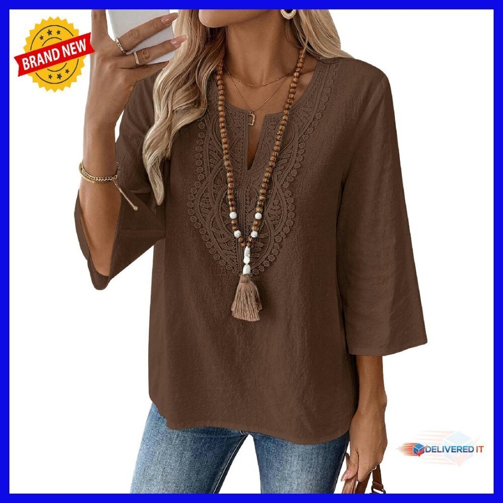 Cotton Linen 3/4 Sleeve V Neck Lace Blouse Loose Fit Tunic